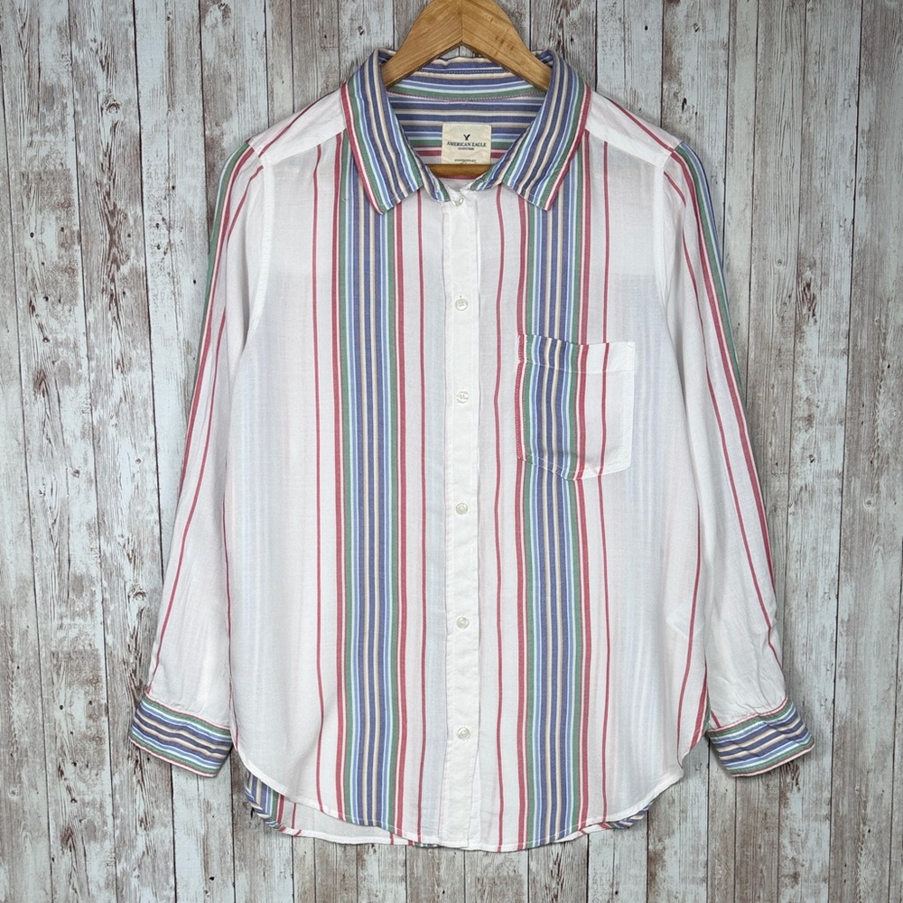 American Eagle Women's Button Down Blouse Oversized Fit sz Medium Striped Light